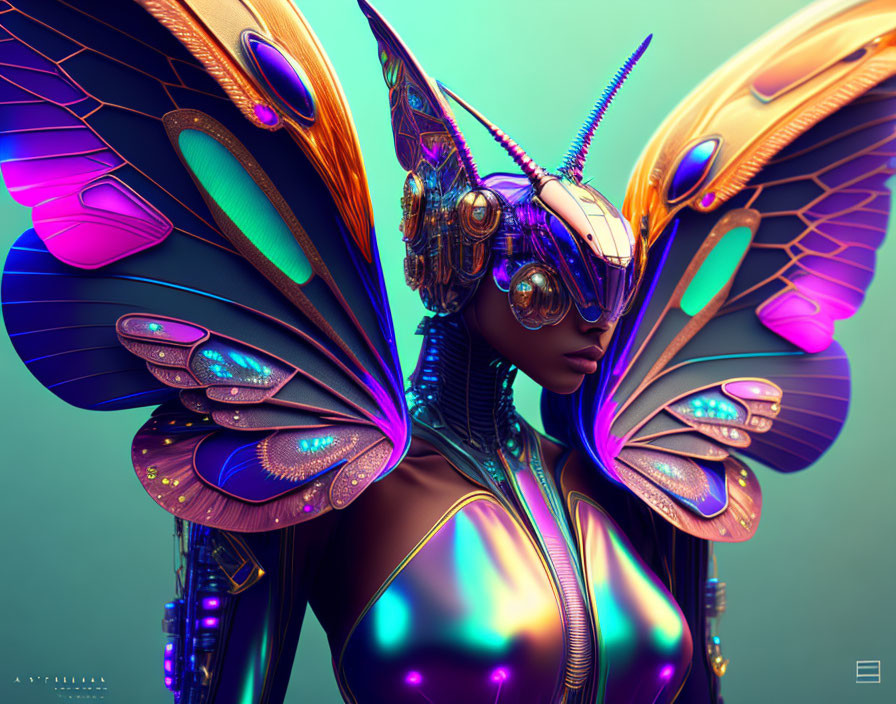 Woman with butterfly wings and futuristic attire on teal background