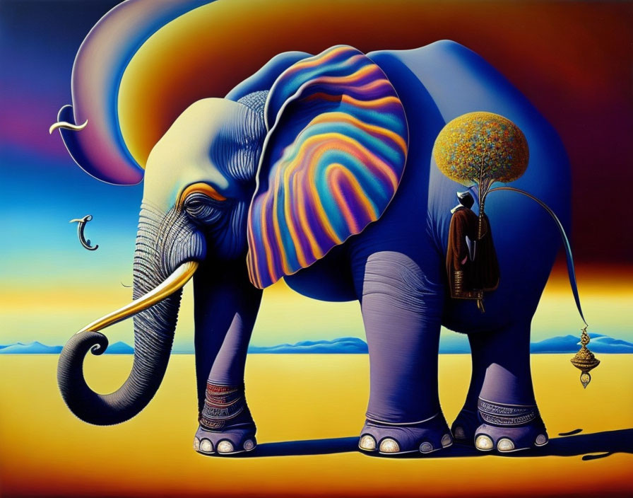 Vibrant surreal painting: elephant with psychedelic patterns in desert landscape