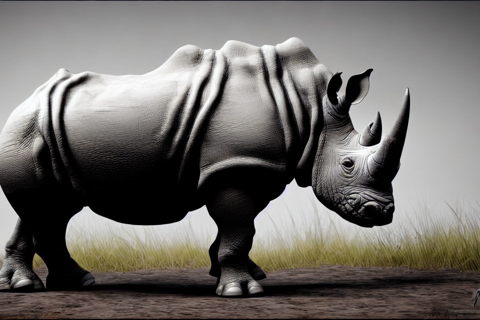 Detailed digital rhinoceros illustration on grassy field