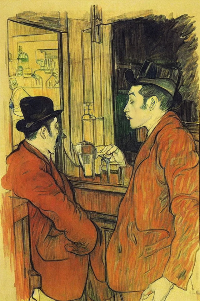 Men in hats chatting at bar with visible bottles, post-impressionist style.