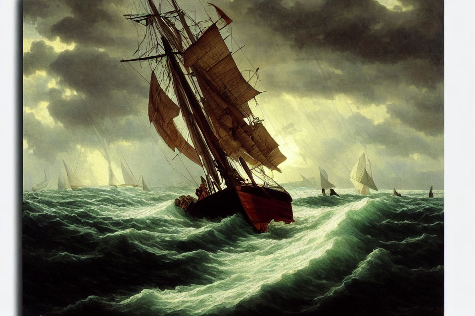 Stormy seas painting with sailboat and distant boats capturing dramatic seafaring scene