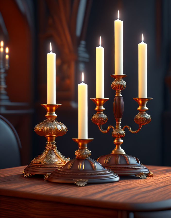 Golden candleholders with lit candles in elegant interior