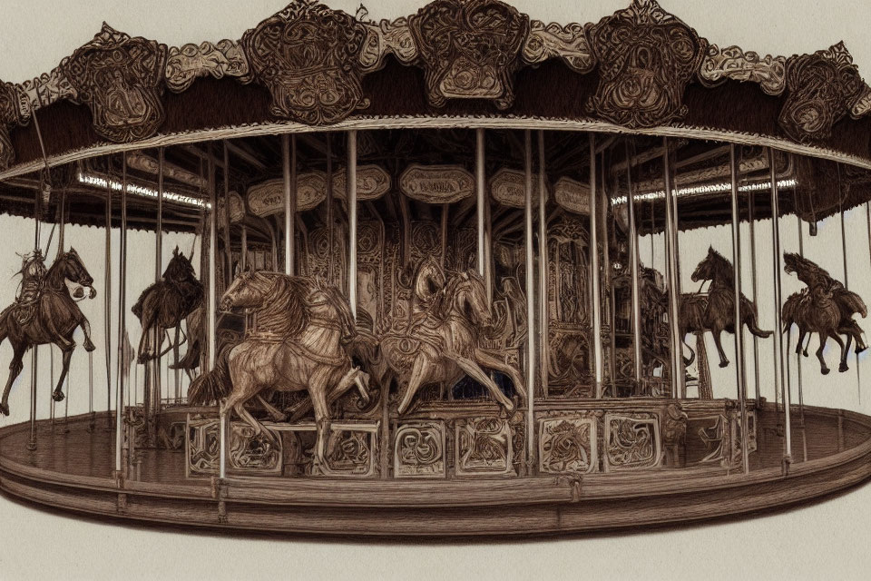 Vintage carousel with ornate horses in sepia tone