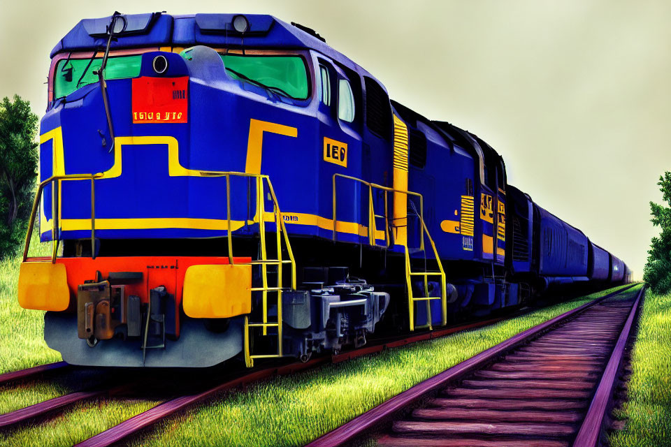 Colorful Diesel Locomotive Pulling Train on Railway Track Amid Greenery
