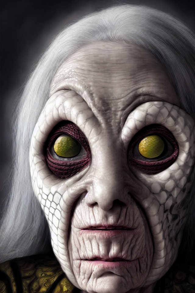 Elderly Woman with Reptilian Appearance: Large Yellow Eyes, Scaly Skin