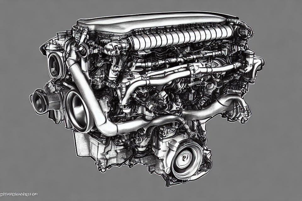 Detailed Black and White Illustration of Complex Car Engine Components