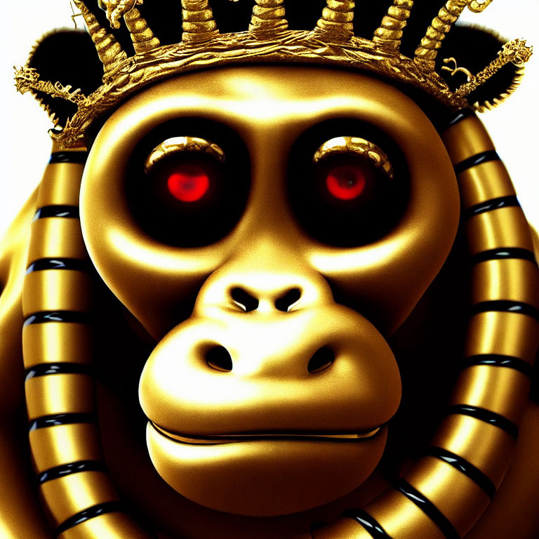 Golden 3D stylized gorilla with red eyes and crown: intricate details, glossy finish