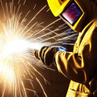 Welder in protective gear with helmet and gloves working with bright sparks
