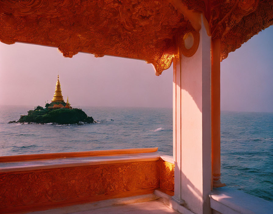 Ornate Orange Terrace Overlooking Tranquil Sea with Golden Pagoda Island