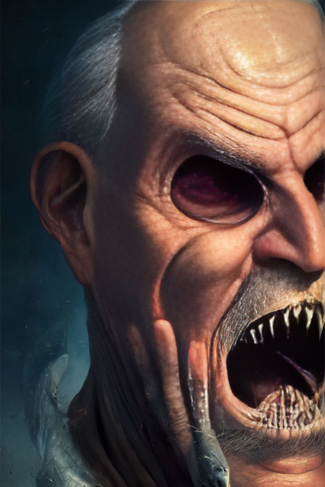 Monstrous humanoid digital artwork with sharp teeth and white hair