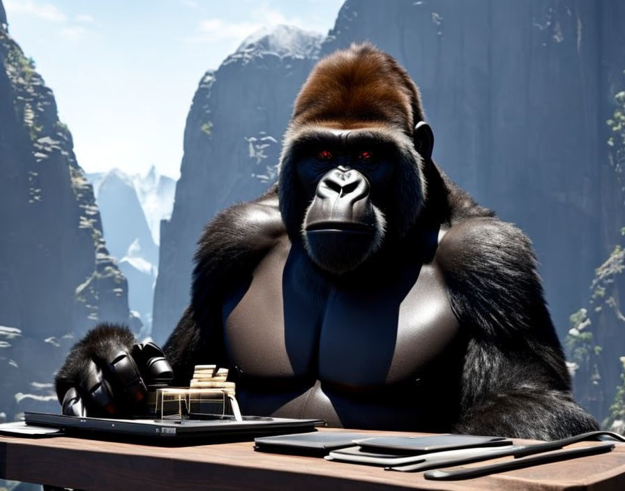 Gorilla at desk with electronics against mountain backdrop