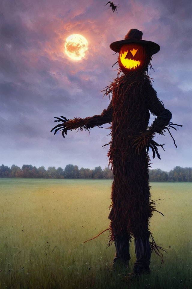 Spooky scarecrow with glowing jack-o'-lantern head in field at dusk