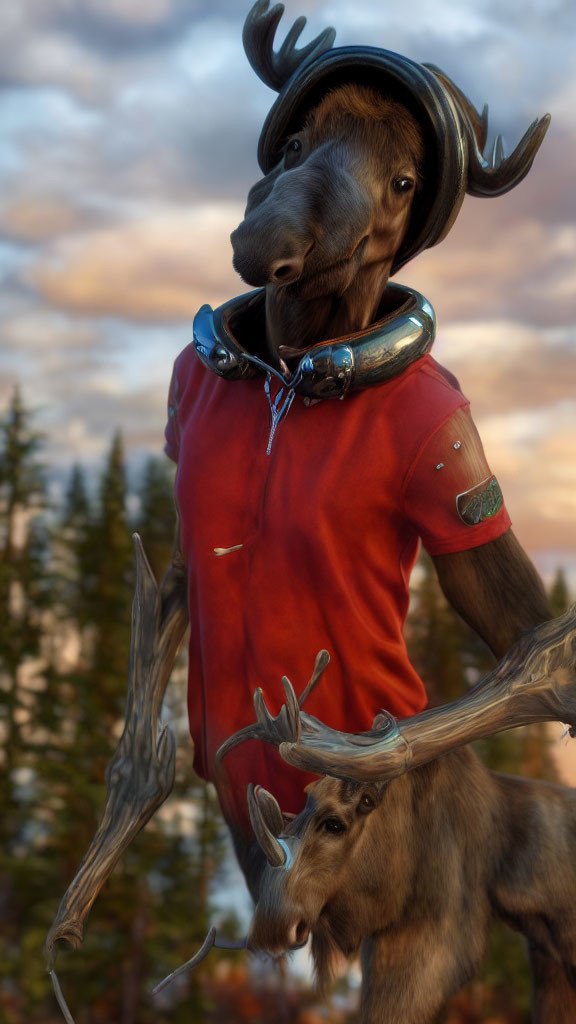 Digital artwork: Moose in red shirt with helmet and antler sprout, twilight sky