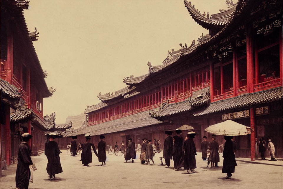 Historical photo of individuals in traditional attire near ornate buildings in East Asia