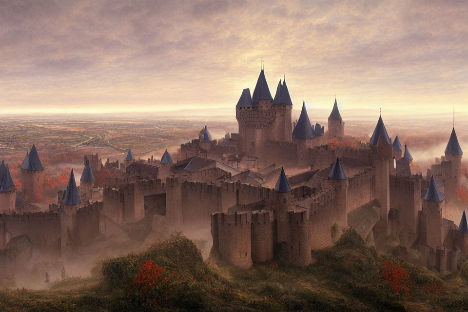 Medieval castle with blue-roofed towers at sunrise