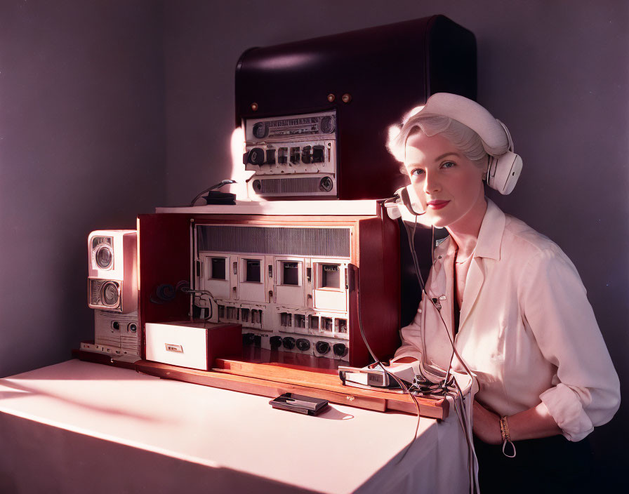 Vintage woman listening to retro audio system with headphones at table with microphone and tape recorder