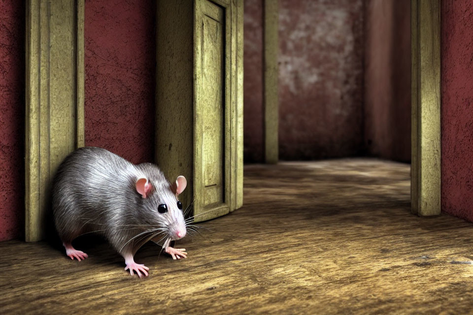 Realistic gray mouse on wooden floor by open door with red walls