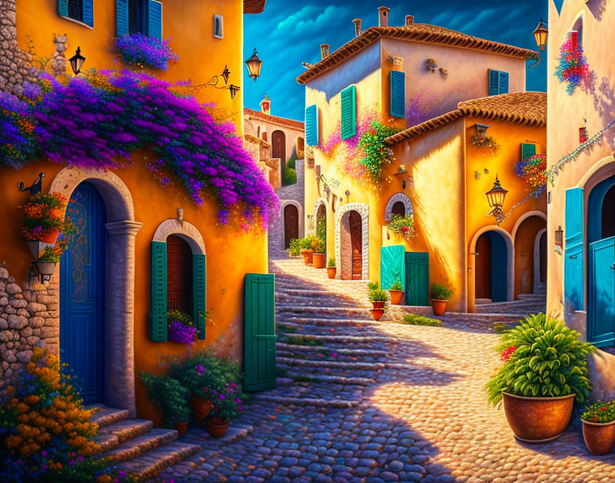 Colorful Mediterranean Street with Cobblestones & Flowers