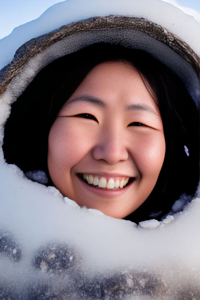 Smiling person with East Asian features in snowy circle