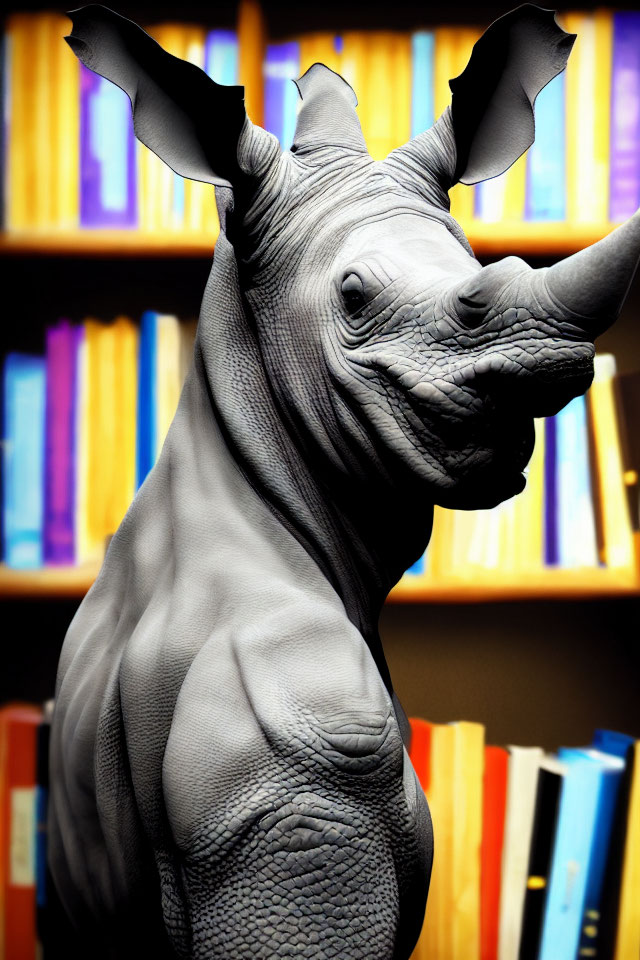Surreal rhinoceros with bat-like ears in front of colorful bookshelf