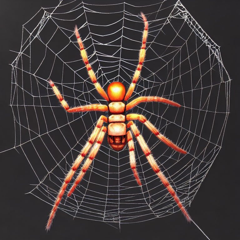 Colorful Orange Spider on Intricate Web Against Dark Background