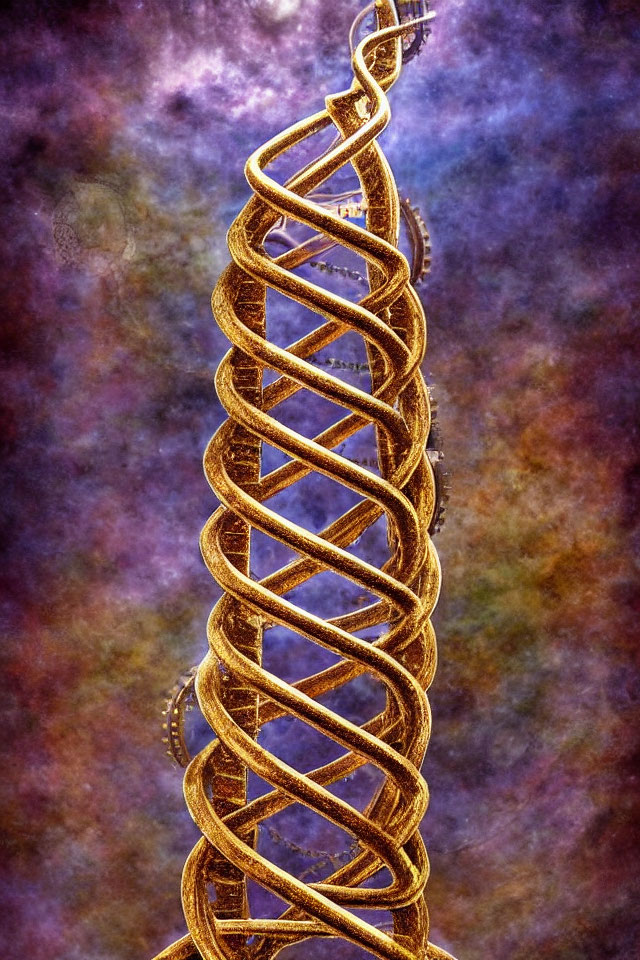 Golden double helix structure against cosmic background in digital art