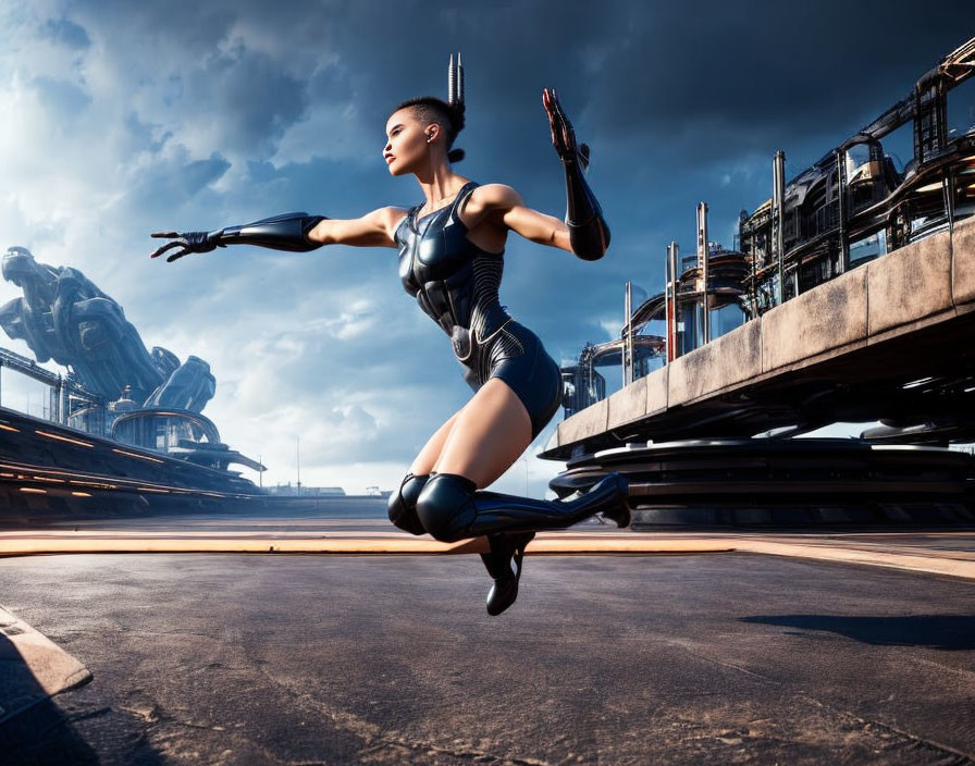 Futuristic female warrior in sleek suit leaps in sci-fi cityscape with giant robot