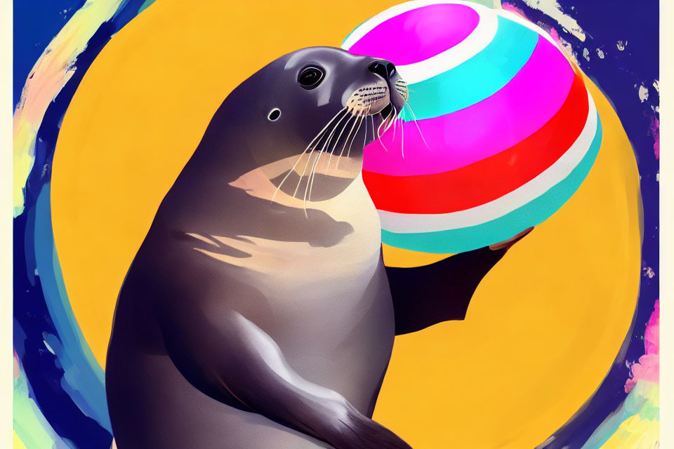 Colorful Seal Balancing Beach Ball on Nose in Vibrant Illustration
