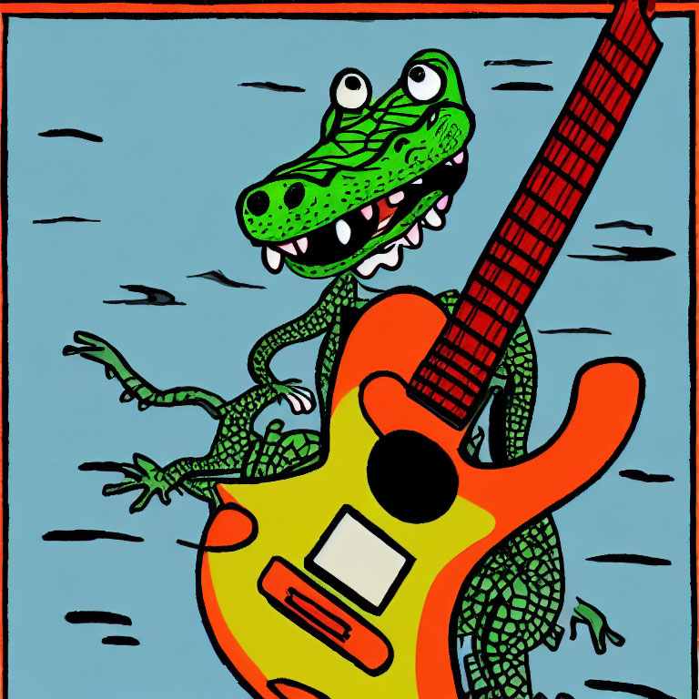 Green alligator playing electric guitar on blue background