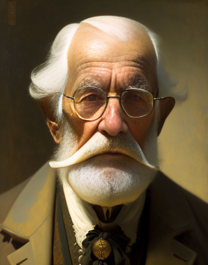 Elderly gentleman with white mustache in beige suit and glasses