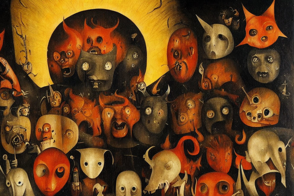 Surreal painting of bizarre creatures with exaggerated facial features