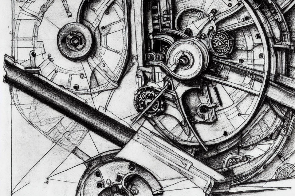 Detailed pencil sketch of intricate machinery with gears and cogs