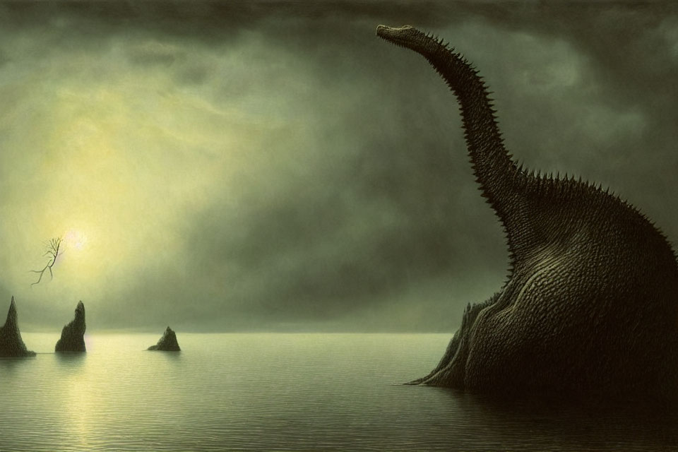 Solitary dinosaur by still lake under dark sky