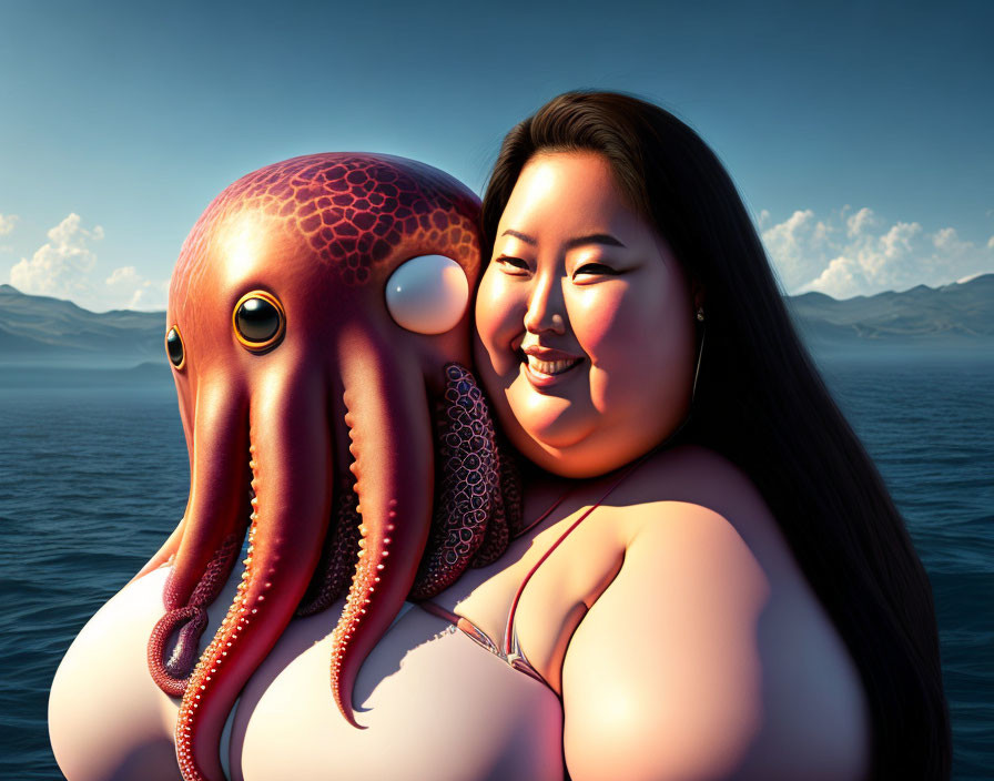 Smiling woman embraces large octopus at sea