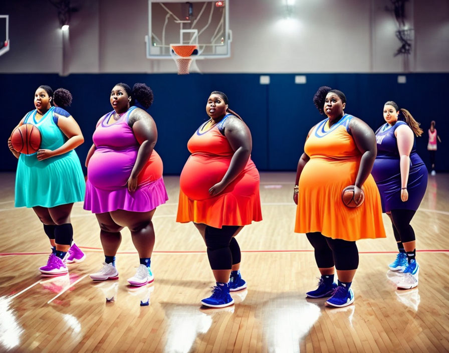 Six Women in Colorful Sportswear Posed on Basketball Court