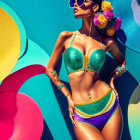 Woman in Sparkling Bikini Poses with Colorful Fabric by Turquoise Sea