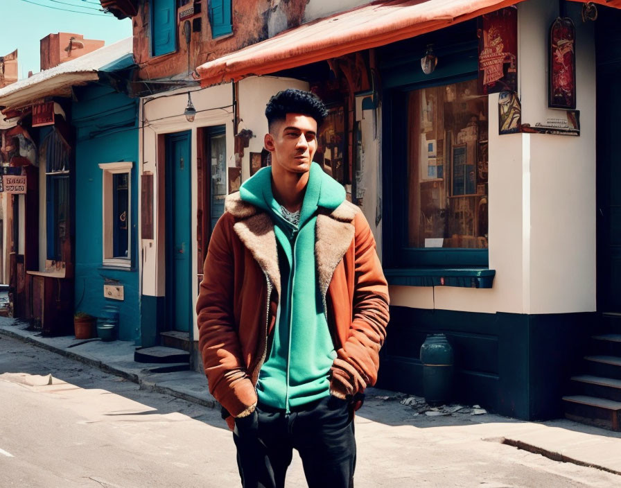 Fashionable young man in brown jacket and green hoodie on colorful street