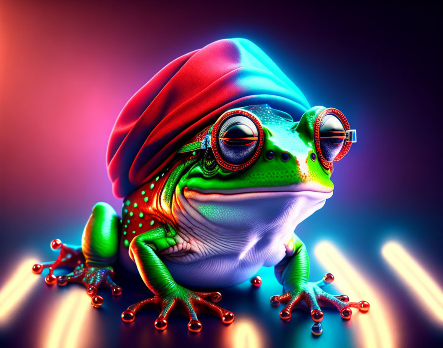 Colorful Stylized Frog with Sunglasses and Turban in Neon Background