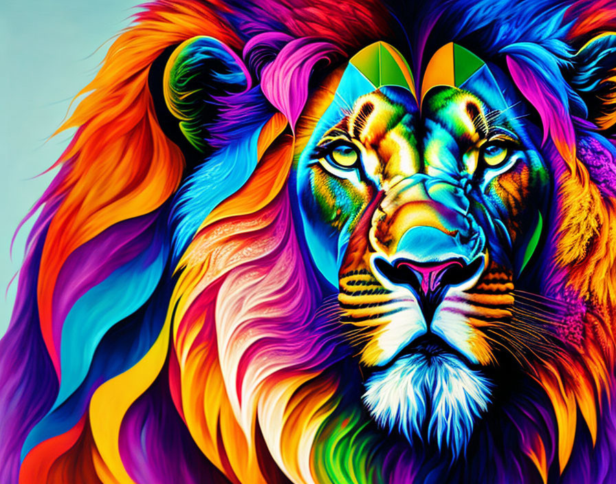 Colorful Lion Painting with Rainbow Mane and Geometric Patterns