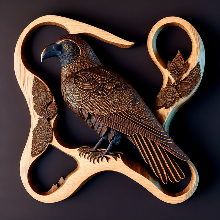 Carved wooden raven with intricate floral patterns on dark background