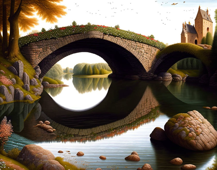 Tranquil stone bridge over reflective lake with castle and lush greenery