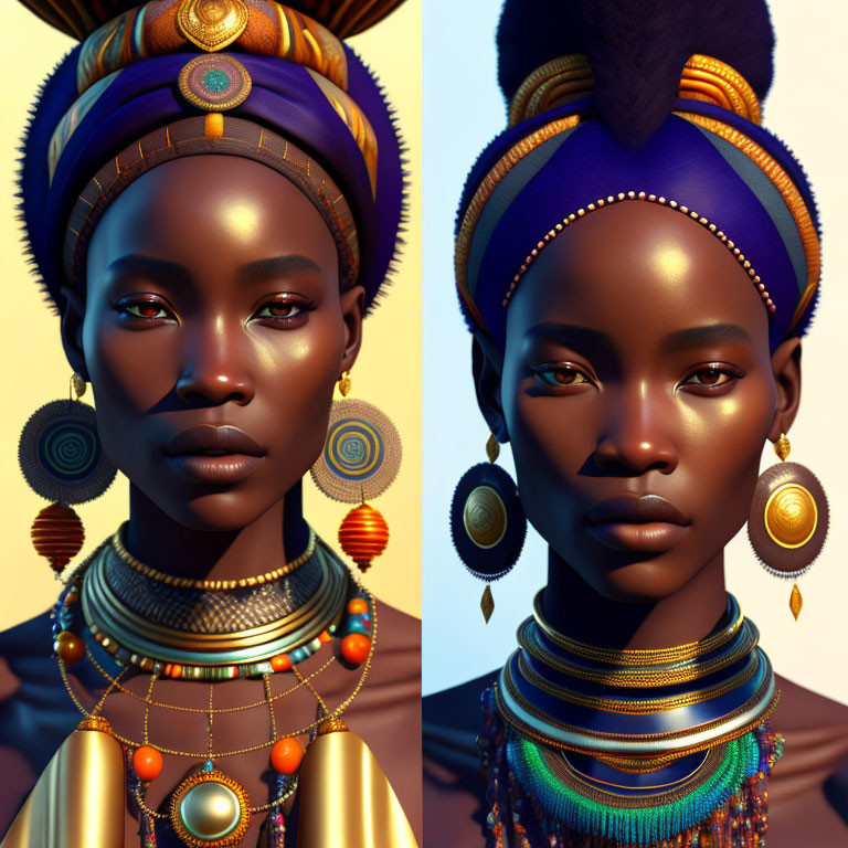 Portraits of Woman with Striking Features and African-Inspired Jewelry