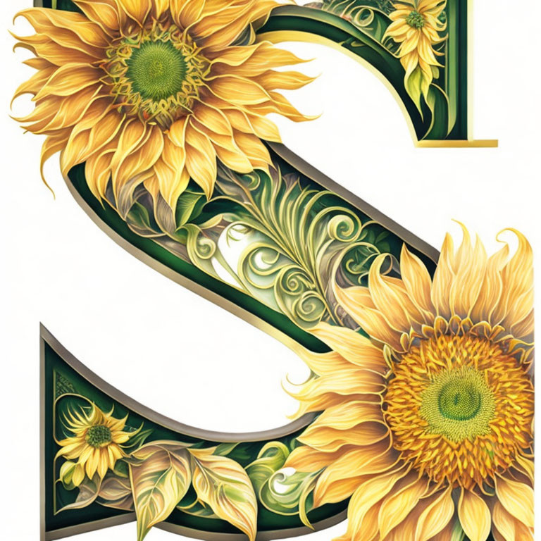 Ornate letter "S" with yellow sunflowers and green leaf patterns