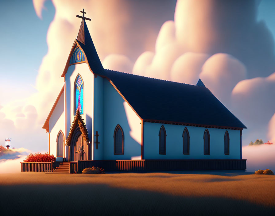 Church at Dawn with Vibrant Stained Glass Window and Golden Light