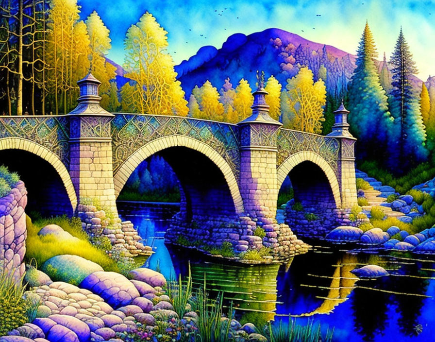 Vibrant Illustration of Ornate Stone Bridge Over River