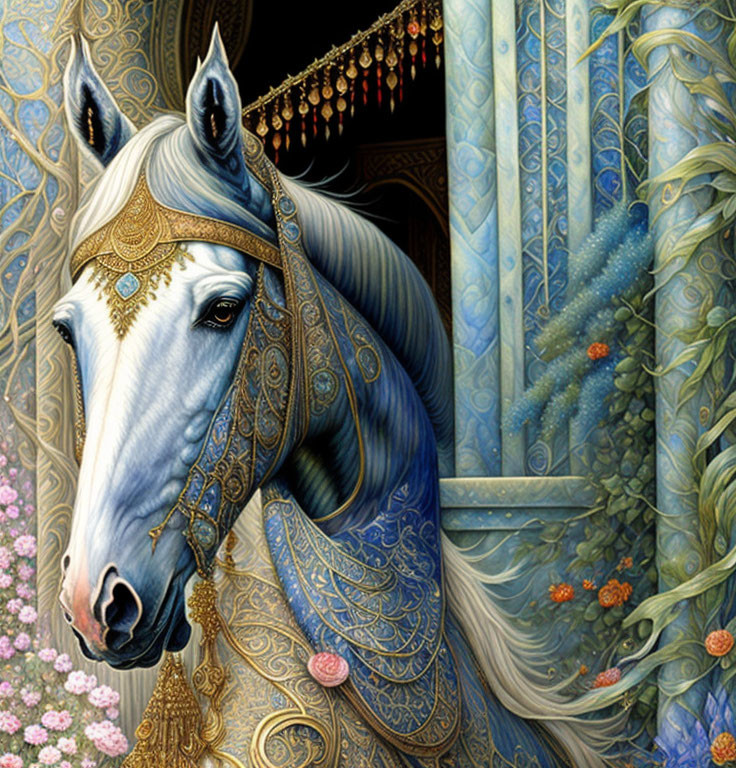 White horse with golden tack on ornate blue background