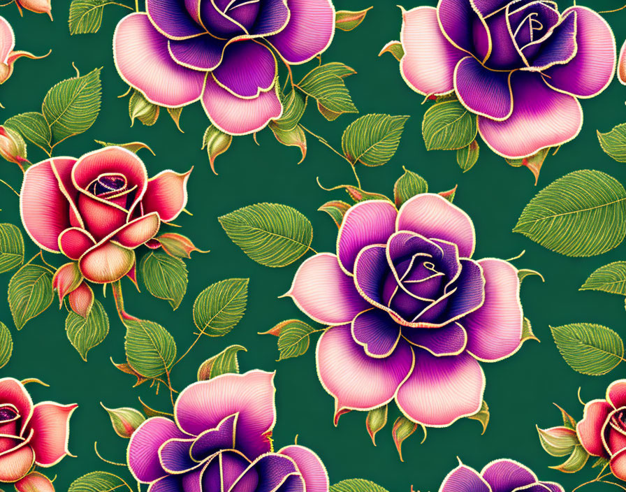 Stylized pink and purple rose pattern on dark green background