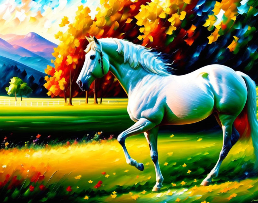 White Horse Galloping in Vibrant Autumn Field