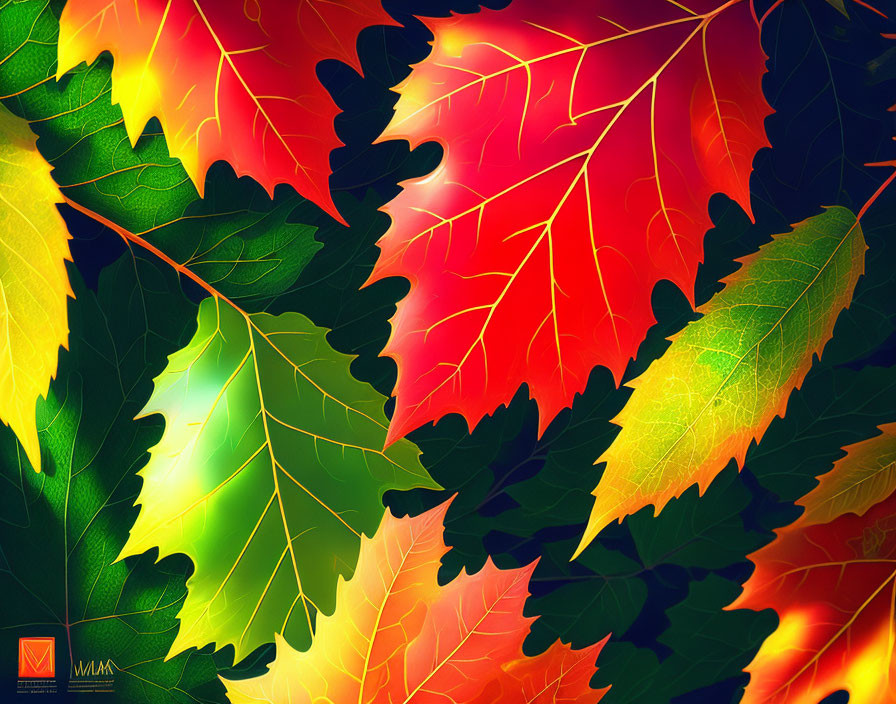 Colorful autumn leaves with prominent veins and backlit glow on dark background