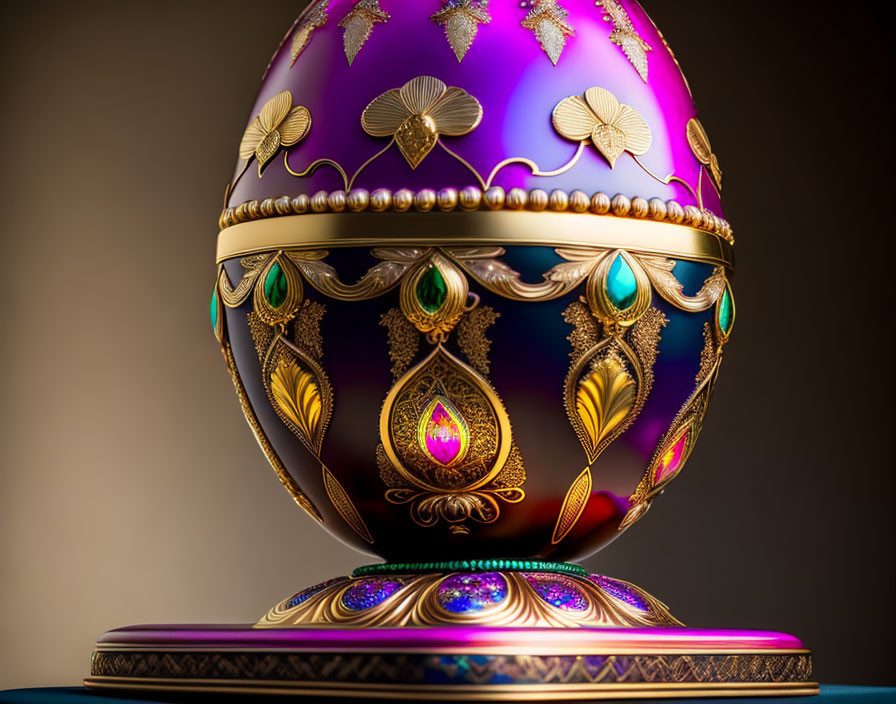 Egg-shaped ornate object with gold, pearls, and jewels on pedestal